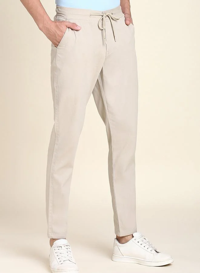 دينيس لينغو Men's Beige Cotton Blend Solid Pattern Full Length Tapered Trouser