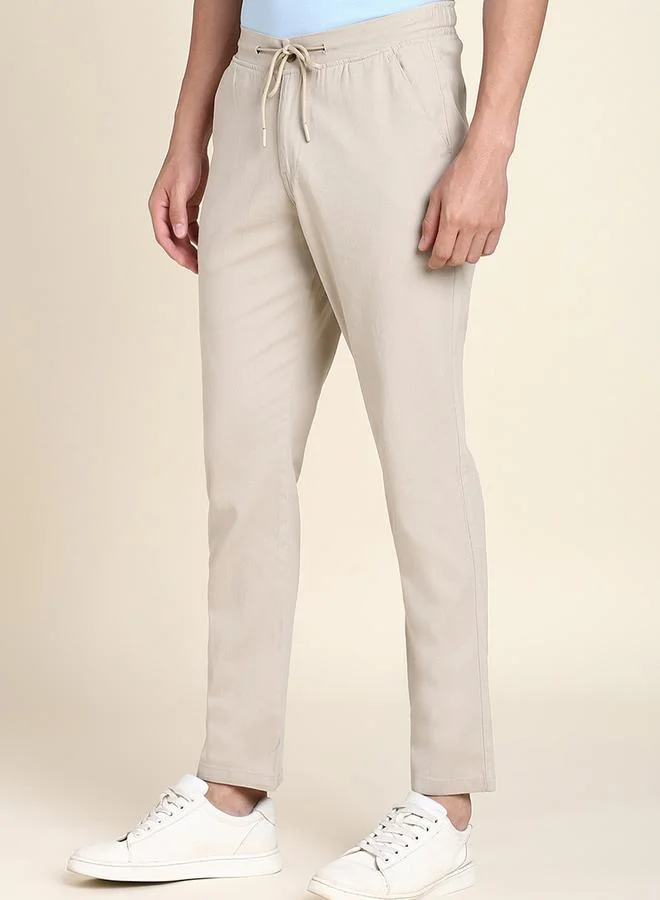 دينيس لينغو Men's Beige Cotton Blend Solid Pattern Full Length Tapered Trouser