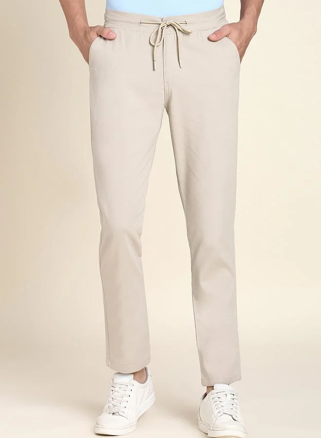 دينيس لينغو Men's Beige Cotton Blend Solid Pattern Full Length Tapered Trouser