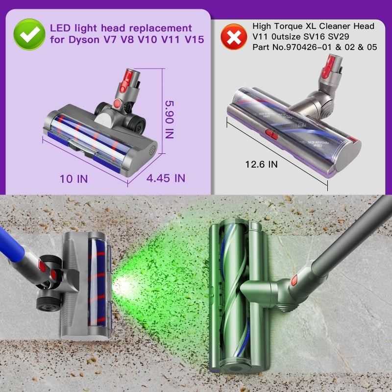 Lemige LED Green Light Head Replacement Parts for Dyson V7 V8 V10 V11 V15 Cordless Vacuum Cleaner, Quick Release LED Light Attachments, Anti-Tangle and Soft Brush Roller for Carpets, Rugs, Hard Floor - Image 2
