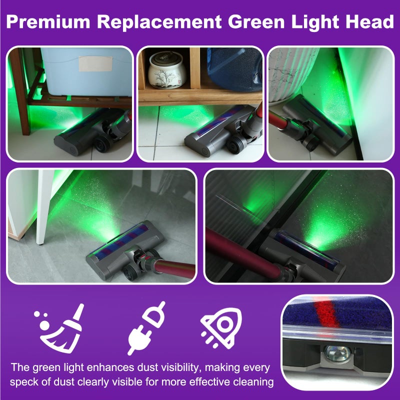 Lemige LED Green Light Head Replacement Parts for Dyson V7 V8 V10 V11 V15 Cordless Vacuum Cleaner, Quick Release LED Light Attachments, Anti-Tangle and Soft Brush Roller for Carpets, Rugs, Hard Floor - Image 4