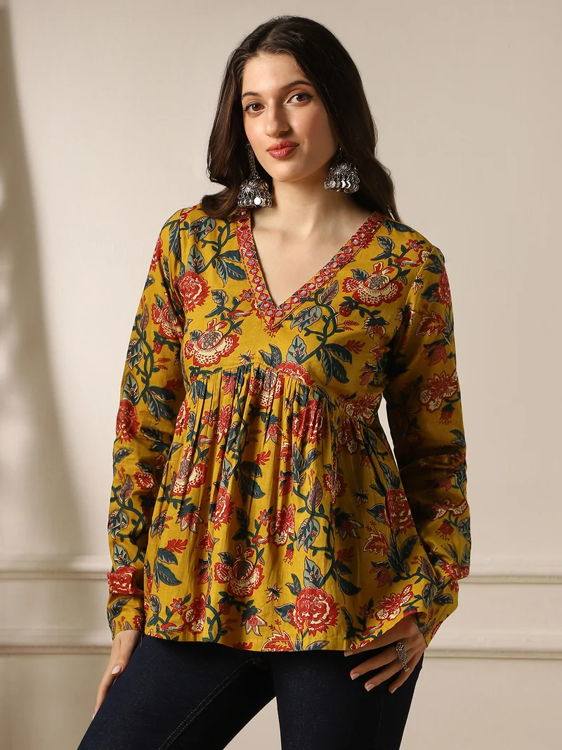 Globus Women Mustard Embroidered & Mirror Work Detail V-Neck Long Sleeves Floral Print A-Line Aliya Cut Tunic