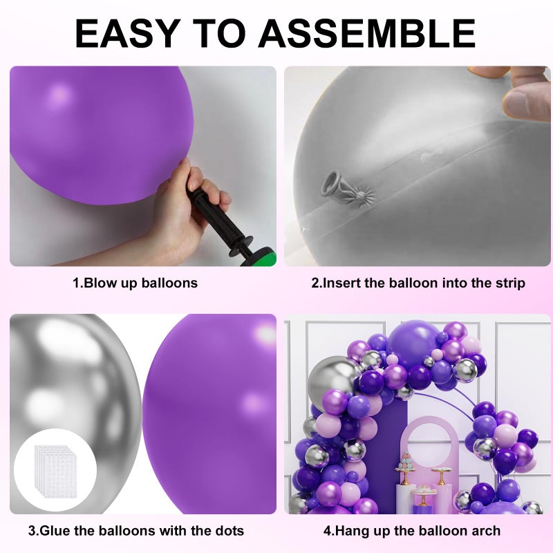 YMSZ Purple Balloon Garland Arch Kit, 134PCS Purple and Silver Balloons with Different Size for Birthday, Wedding, Baby Shower Decorations - Image 3