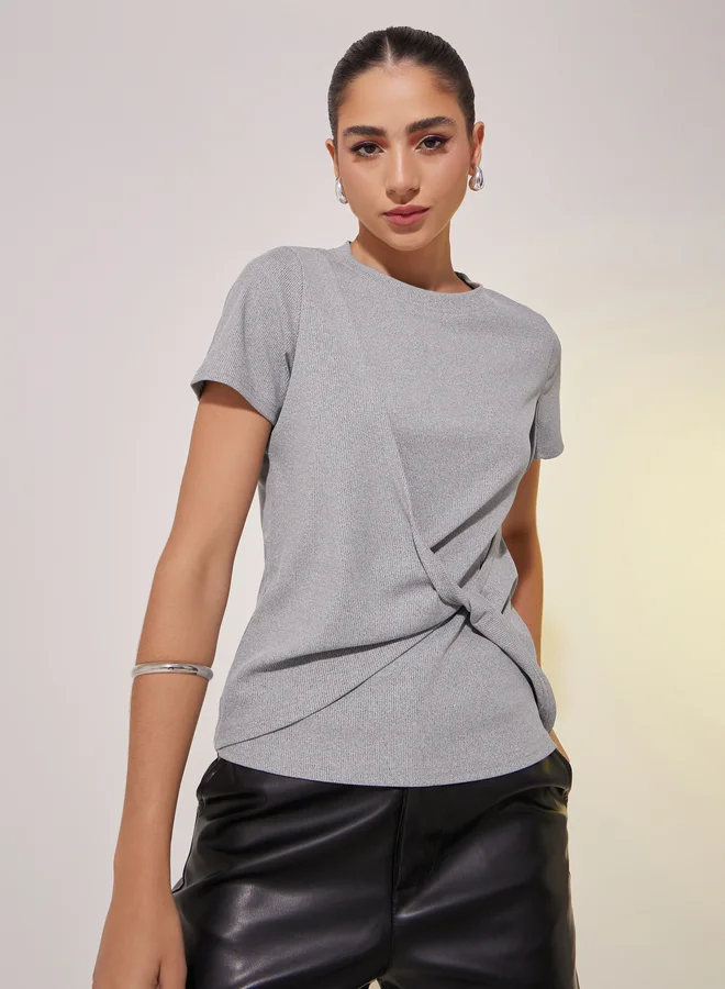 تايك تو Take Two Rib Round Neck Front Twist T-Shirt