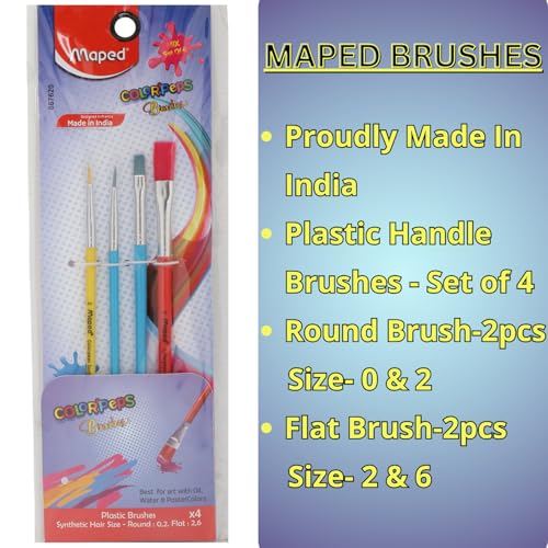 Maped Painting kit - 11pc set|6 Poster Colours |One 100% Cotton Canvas Board(Size- 6" x 8")|Four paint brushes - (Round Size-0,2 & Flat sizes- 2,6) | Painting Set for Adults and Kids - Image 2