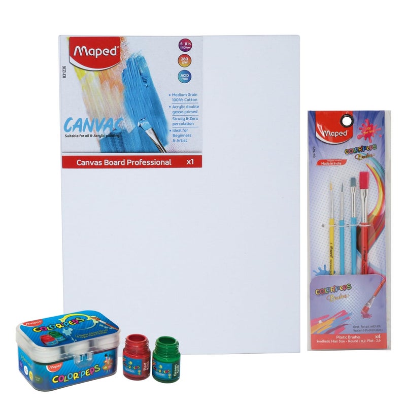 Maped Painting kit - 11pc set|6 Poster Colours |One 100% Cotton Canvas Board(Size- 6" x 8")|Four paint brushes - (Round Size-0,2 & Flat sizes- 2,6) | Painting Set for Adults and Kids - Image 5