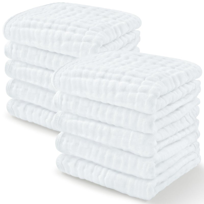 Comfy Cubs Baby Washcloths, Muslin Cotton Baby Towels, Large 10”x10” Wash Cloths Soft on Sensitive Skin, Absorbent for Boys & Girls, Newborn Baby & Toddlers Essentials Shower Registry Gift (White, Pack of 10) - Image 1