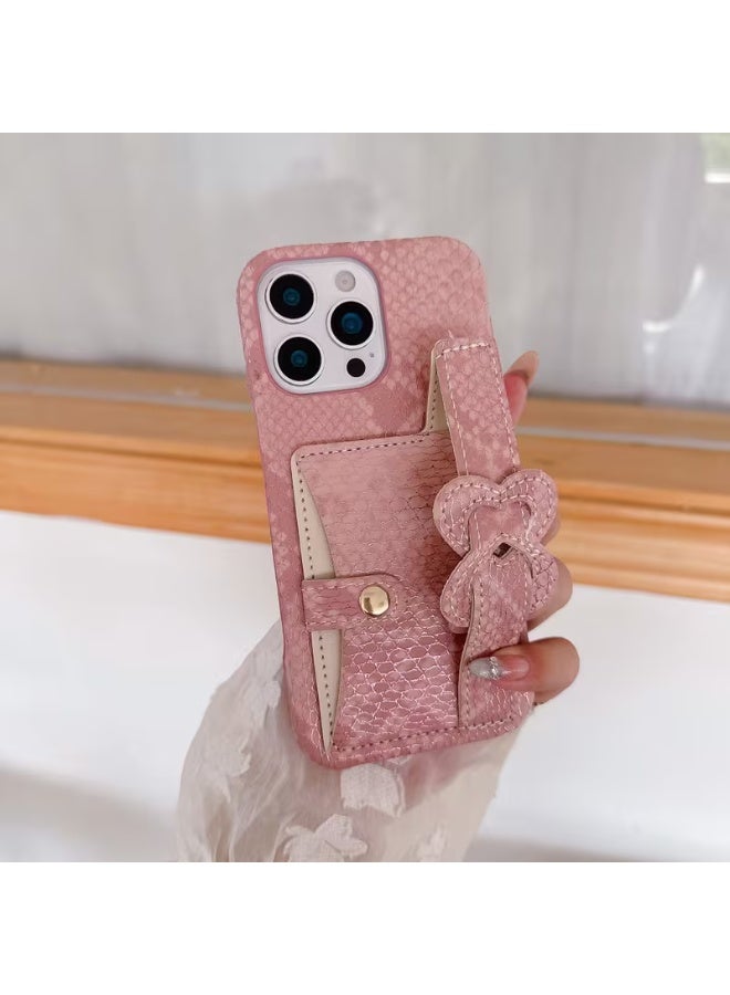 Temu A stylish iPhone case with a card holder, made of woven faux leather in a checkered pattern, and featuring a double heart wrist strap; compatible with iPhone 16 Pro Max.