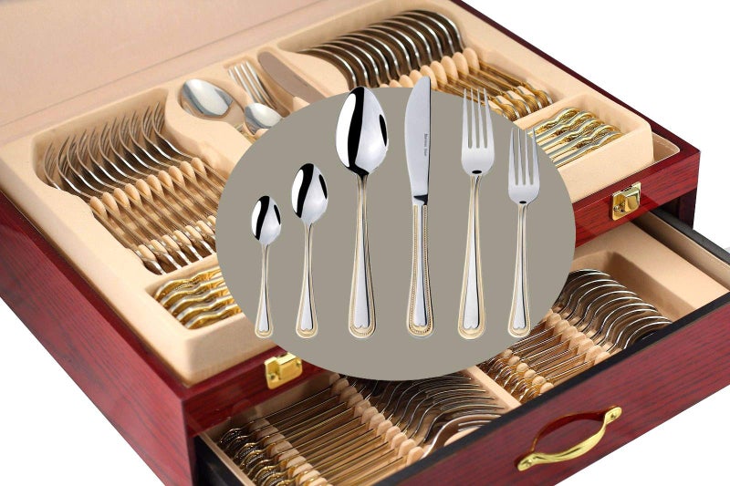 DIZORA DIZORA 75Piece Flatware Set for 12 Premium 1810 Surgical Stainless Steel Silverware Cutlery Dining Service 24K GoldPlated Hostess Serving Set Gift Wooden Storage Case Pearls  Gold  75pc 