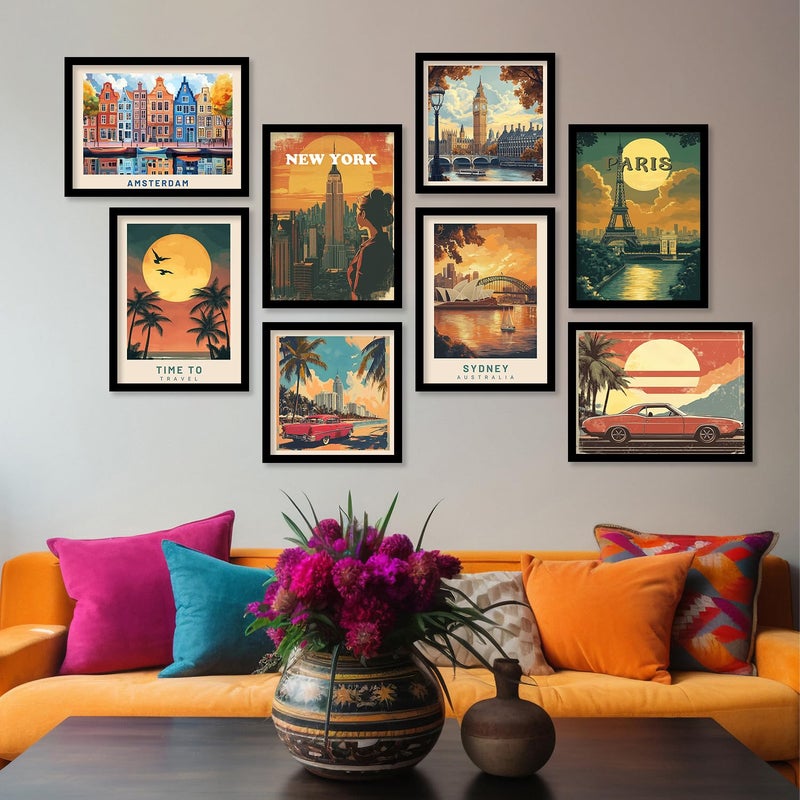 HOTHOUSE Retro Travel Theme Modern Art City Vibes Wall Decor Photo Frames Framed Posters Wall Poster with Frame for Room Office Living Room Hotel Home Dcor Set of 8 Art 3 Small 10x13 or 10x10 inch Framed