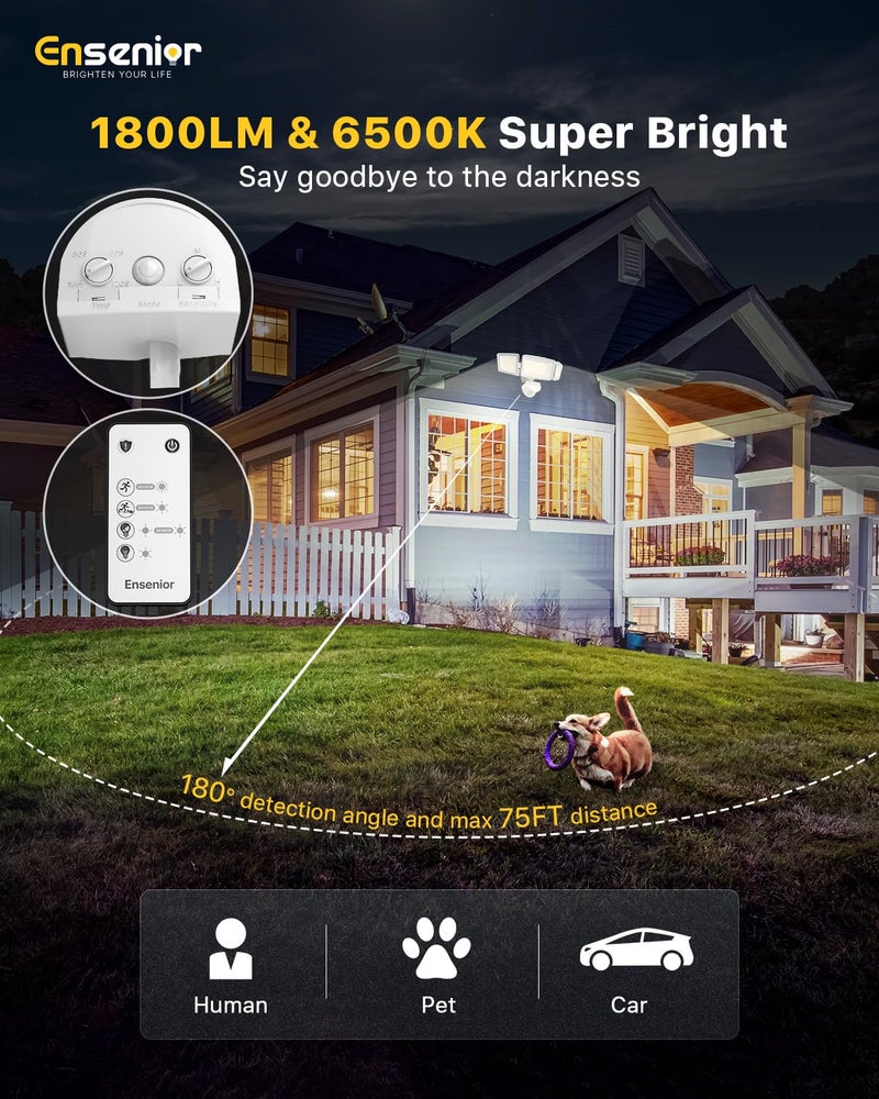 Ensenior Solar Security Light, Wide Beam Flood Light 6500K Super Bright for Driveway Backyard Garden, Remote Control Weather-Resistant Long-Lasting Exterior Lighting, 1800LM High Lumen, White, 2-Pack - Image 4
