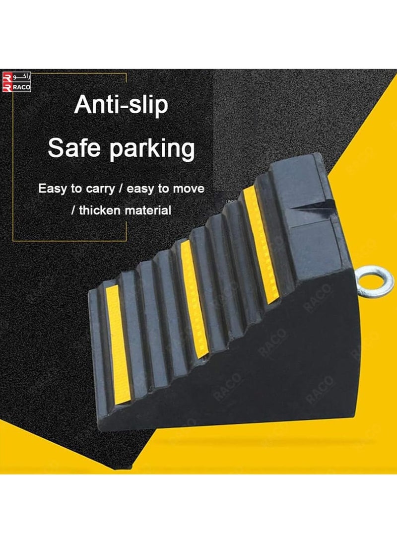 RACO RACO Heavy Duty Rubber Wheel Chocks – 24x16x19cm Wedges with Eyebolt Handles & Yellow Strips – Ribbed Grip for Secure Tire Hold – Perfect for RVs, Trailers, Trucks & Cars, 3.5KG  - Image 2