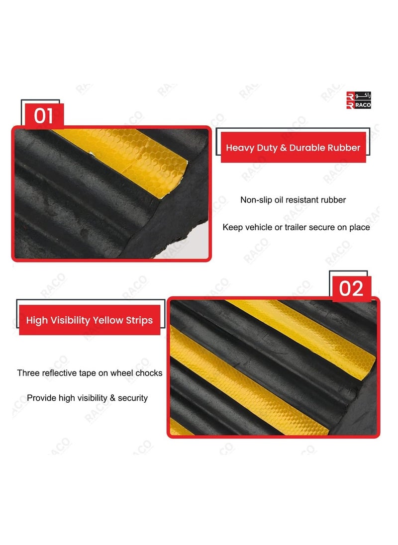 RACO RACO Heavy Duty Rubber Wheel Chocks – 24x16x19cm Wedges with Eyebolt Handles & Yellow Strips – Ribbed Grip for Secure Tire Hold – Perfect for RVs, Trailers, Trucks & Cars, 3.5KG  - Image 3