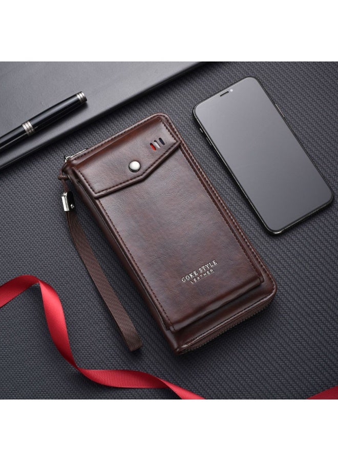 Dark Brown Leather Long Wallet, Zipper Wristlet Multi-Card Holder with Phone Compartment for  Men - Image 2