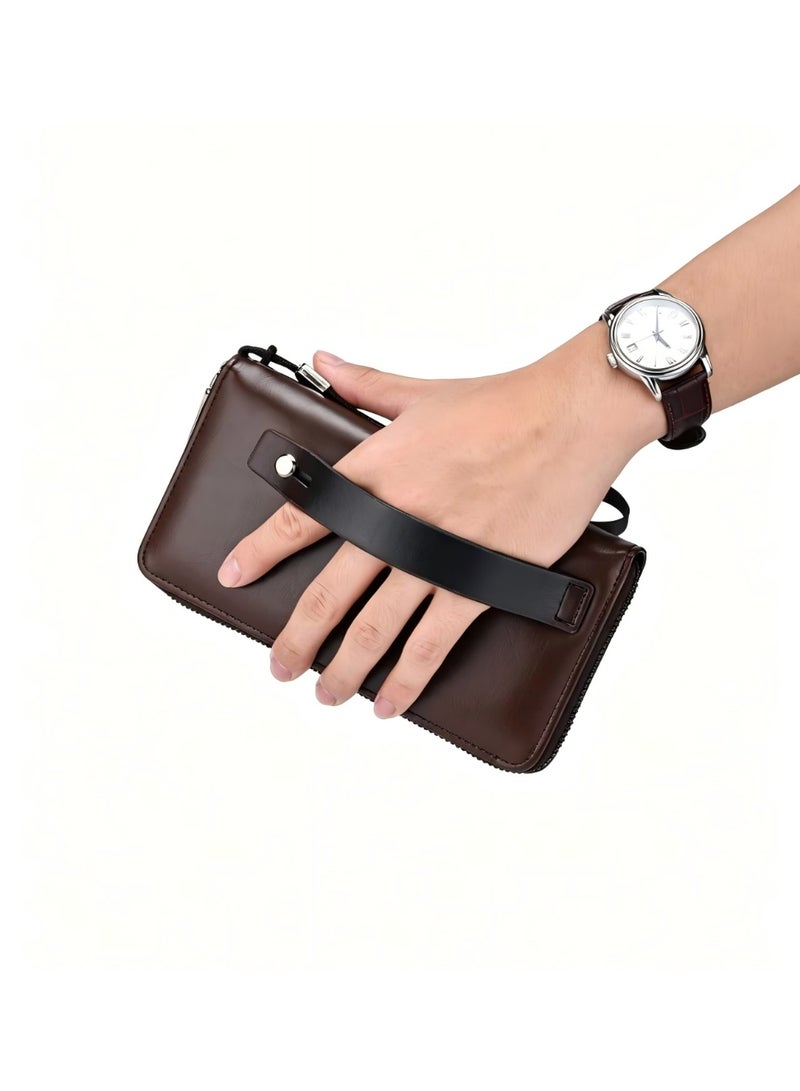 Dark Brown Leather Long Wallet, Zipper Wristlet Multi-Card Holder with Phone Compartment for  Men - Image 4