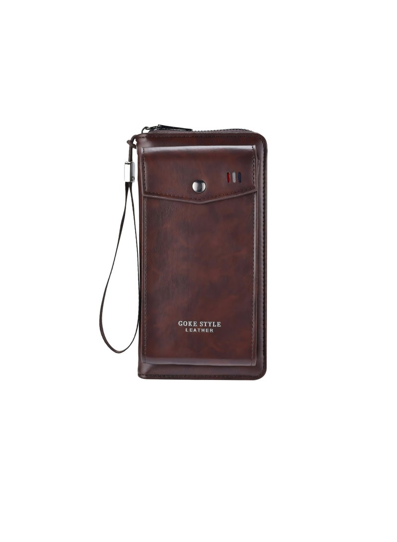 Dark Brown Leather Long Wallet, Zipper Wristlet Multi-Card Holder with Phone Compartment for  Men - Image 1