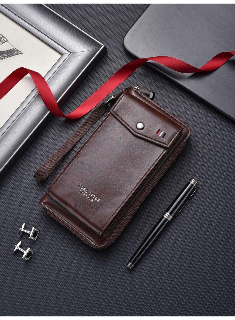 Dark Brown Leather Long Wallet, Zipper Wristlet Multi-Card Holder with Phone Compartment for  Men - Image 3