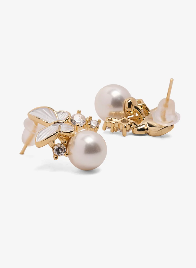 Ginger Butterfly Shaped Stud Earrings With Pearl Detailing