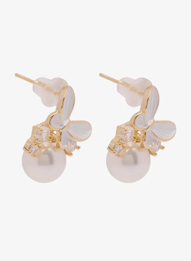 Ginger Butterfly Shaped Stud Earrings With Pearl Detailing