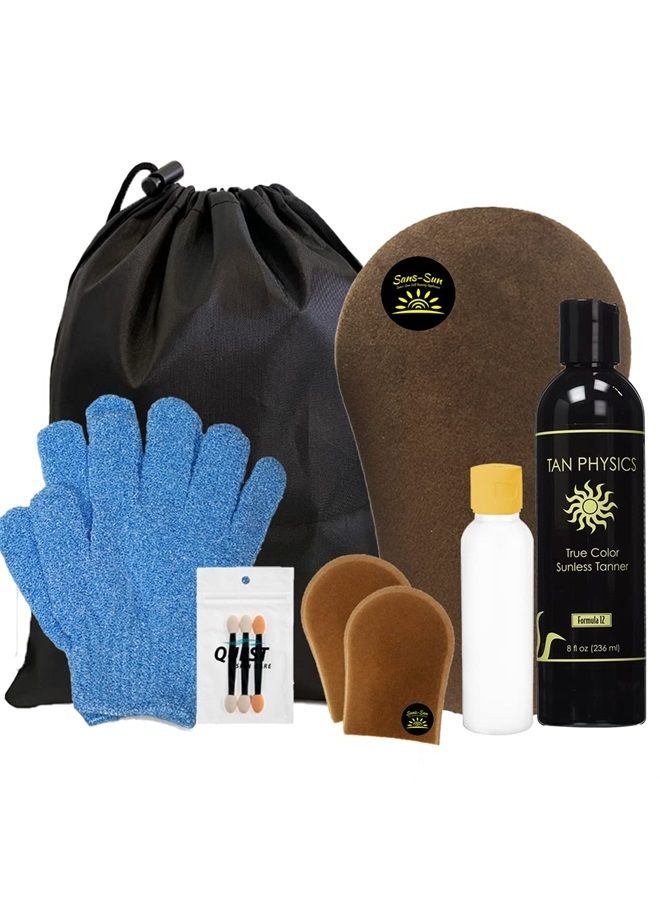 Tan Physics Self Tanner (11pc Deluxe Bundle) Tan Physics True Color Sunless Tanner - Travel Bag & Bottle, Gloves, Application Mitt & Detail Applicator  - Image 1