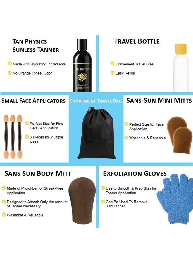 Tan Physics Self Tanner (11pc Deluxe Bundle) Tan Physics True Color Sunless Tanner - Travel Bag & Bottle, Gloves, Application Mitt & Detail Applicator  - Image 2