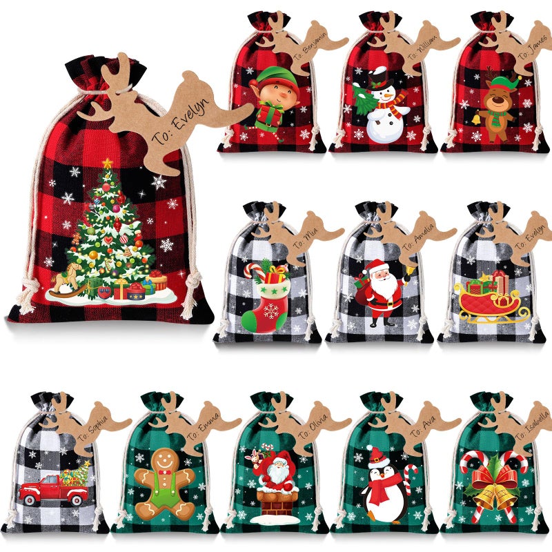 Shappy 24 Pcs Christmas Burlap Gift Bags Small Treat Goody Bags with Drawstrings for Christmas Featuring 12 Designs for Xmas and New Year Party Favors and SuppliesStylish Style10 x 8 Inch - Image 2