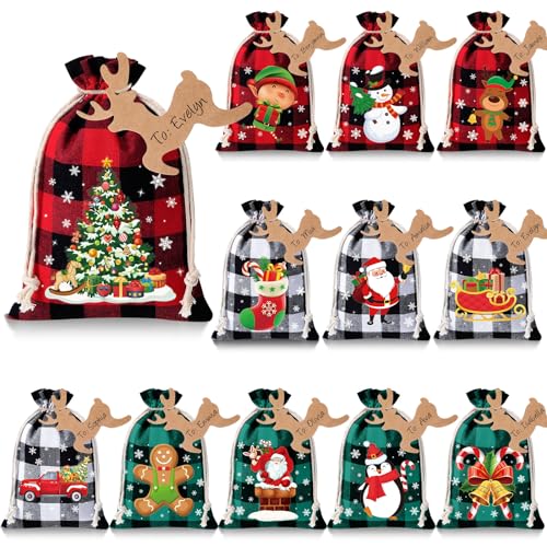 Shappy 24 Pcs Christmas Burlap Gift Bags Small Treat Goody Bags with Drawstrings for Christmas Featuring 12 Designs for Xmas and New Year Party Favors and SuppliesStylish Style10 x 8 Inch - Image 1
