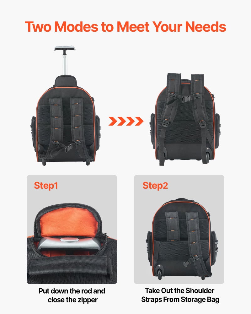 VEVOR Rolling Tool Backpack, 110 lbs Load Capacity, 45 Pockets Heavy Duty Roller Tool Bag on Wheels, Adjustable Telescoping Handle & Stable Base, Toolbag Organizers for Construction, Mechanic - Image 5