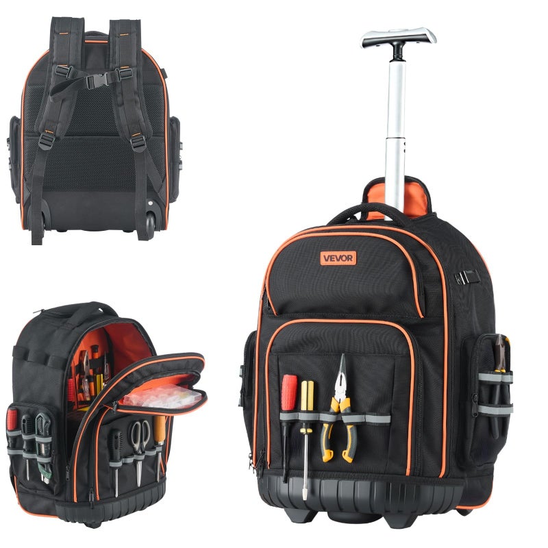 VEVOR Rolling Tool Backpack, 110 lbs Load Capacity, 45 Pockets Heavy Duty Roller Tool Bag on Wheels, Adjustable Telescoping Handle & Stable Base, Toolbag Organizers for Construction, Mechanic - Image 1