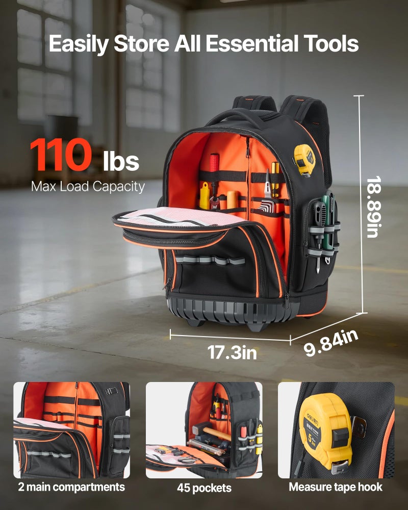 VEVOR Rolling Tool Backpack, 110 lbs Load Capacity, 45 Pockets Heavy Duty Roller Tool Bag on Wheels, Adjustable Telescoping Handle & Stable Base, Toolbag Organizers for Construction, Mechanic - Image 2