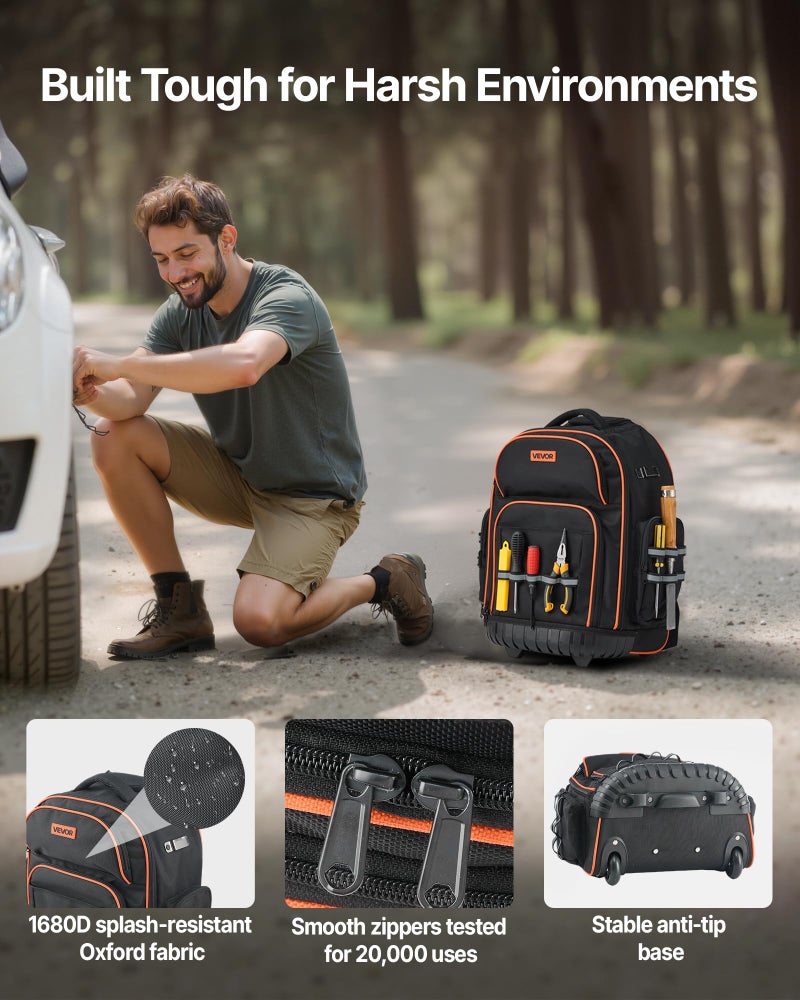 VEVOR Rolling Tool Backpack, 110 lbs Load Capacity, 45 Pockets Heavy Duty Roller Tool Bag on Wheels, Adjustable Telescoping Handle & Stable Base, Toolbag Organizers for Construction, Mechanic - Image 3