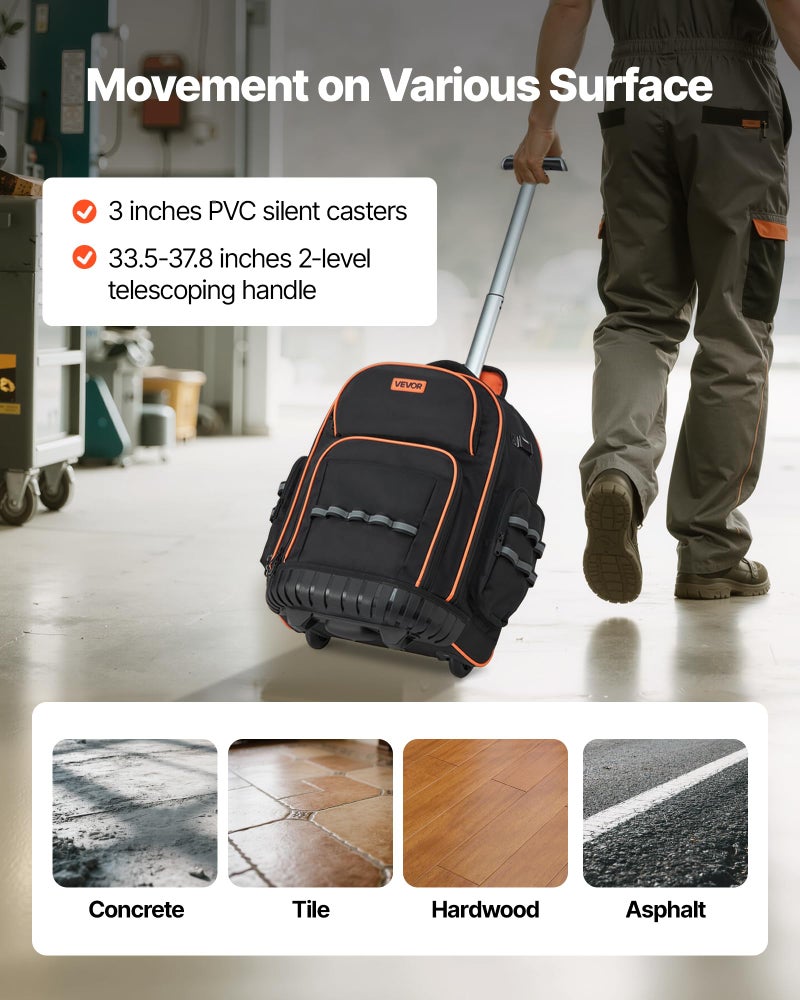 VEVOR Rolling Tool Backpack, 110 lbs Load Capacity, 45 Pockets Heavy Duty Roller Tool Bag on Wheels, Adjustable Telescoping Handle & Stable Base, Toolbag Organizers for Construction, Mechanic - Image 4