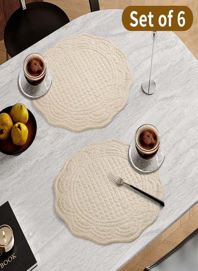 MINUPWELL 6 PC Quilted Placemats, 14" Extra Large Cotton Placemats Set of 6, 100% Cotton Fabric Washable Cloth Table Mats for Kitchen & Dining Table - Soft &Easy Clean(Flax, Round) - Image 3