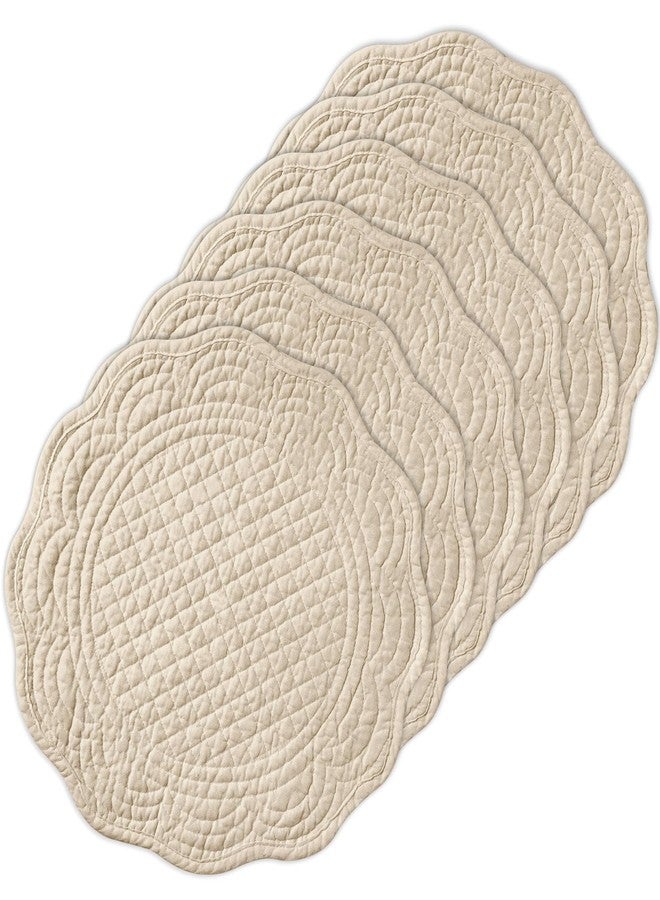 MINUPWELL 6 PC Quilted Placemats, 14" Extra Large Cotton Placemats Set of 6, 100% Cotton Fabric Washable Cloth Table Mats for Kitchen & Dining Table - Soft &Easy Clean(Flax, Round) - Image 1