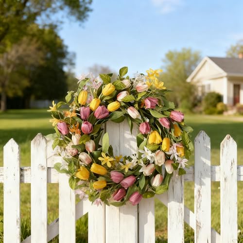 CIR OASES 22" Tulip Wreath Spring/Summer Wreaths Artificial Floral Wreaths for Front Door Yellow Pink Tulip Easter Wreath for Indoor Outdoor Home Holiday Party Wedding Decor - Image 5