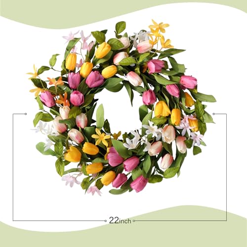 CIR OASES 22" Tulip Wreath Spring/Summer Wreaths Artificial Floral Wreaths for Front Door Yellow Pink Tulip Easter Wreath for Indoor Outdoor Home Holiday Party Wedding Decor - Image 3