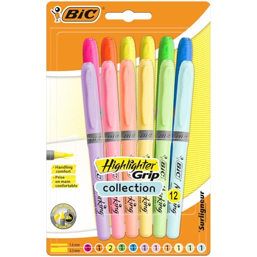 BIC Highlighter Grip Ribbed Rubber Grip for Extra Comfort WaterBased Ink Assorted Intense and Pastel Colours Pack of 12 - Image 1