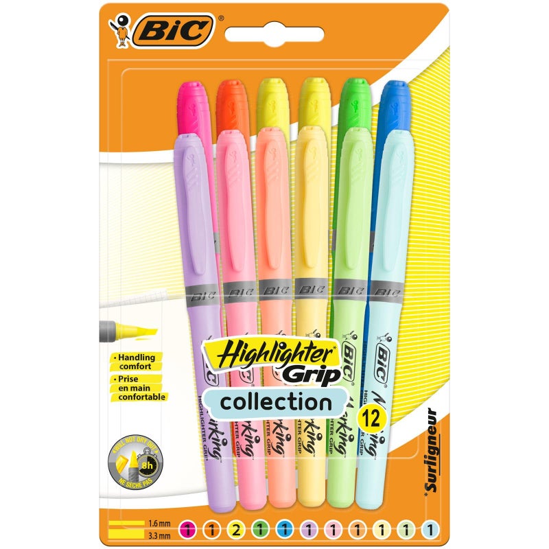 BIC Highlighter Grip Ribbed Rubber Grip for Extra Comfort WaterBased Ink Assorted Intense and Pastel Colours Pack of 12 - Image 2