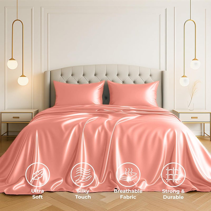 Pure Bedding Satin Sheets California King [4-Piece, Blush Pink] Hotel Luxury Silky Bed Sheets - Extra Soft Microfiber Sheet Set, Wrinkle, Fade, Stain Resistant - Deep Pocket Fitted Sheet, Flat Sheet, Pillow Cases - Image 2