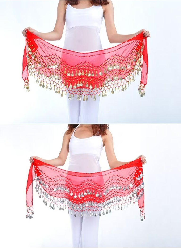 DELGREEN Belly Dance Belt Scarf Waist Belt  Coins red Color  - Image 2