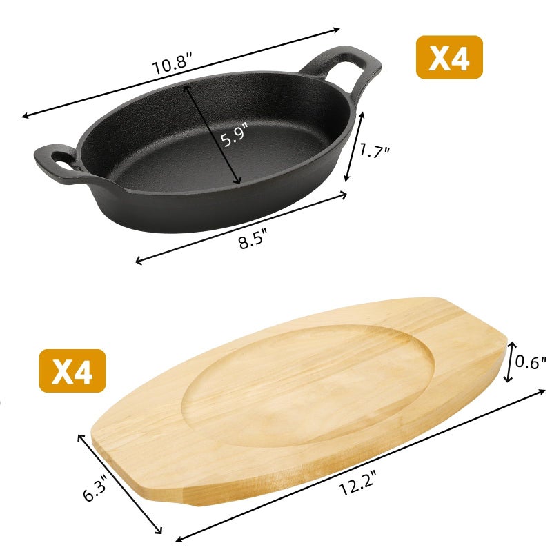 Mezchi 4 Pack Mini Cast Iron Fajita Skillet Set, 8.5 x 6.1 Inch Sizzling Plate with Wooden Base, Small Oval Casserole Dishes, Cast Iron Pizza Baking Steak Pan for Stove, Oven, Grill - Image 2