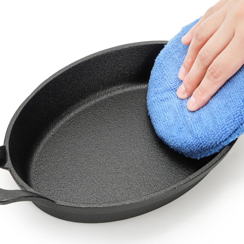 Mezchi 4 Pack Mini Cast Iron Fajita Skillet Set, 8.5 x 6.1 Inch Sizzling Plate with Wooden Base, Small Oval Casserole Dishes, Cast Iron Pizza Baking Steak Pan for Stove, Oven, Grill - Image 4