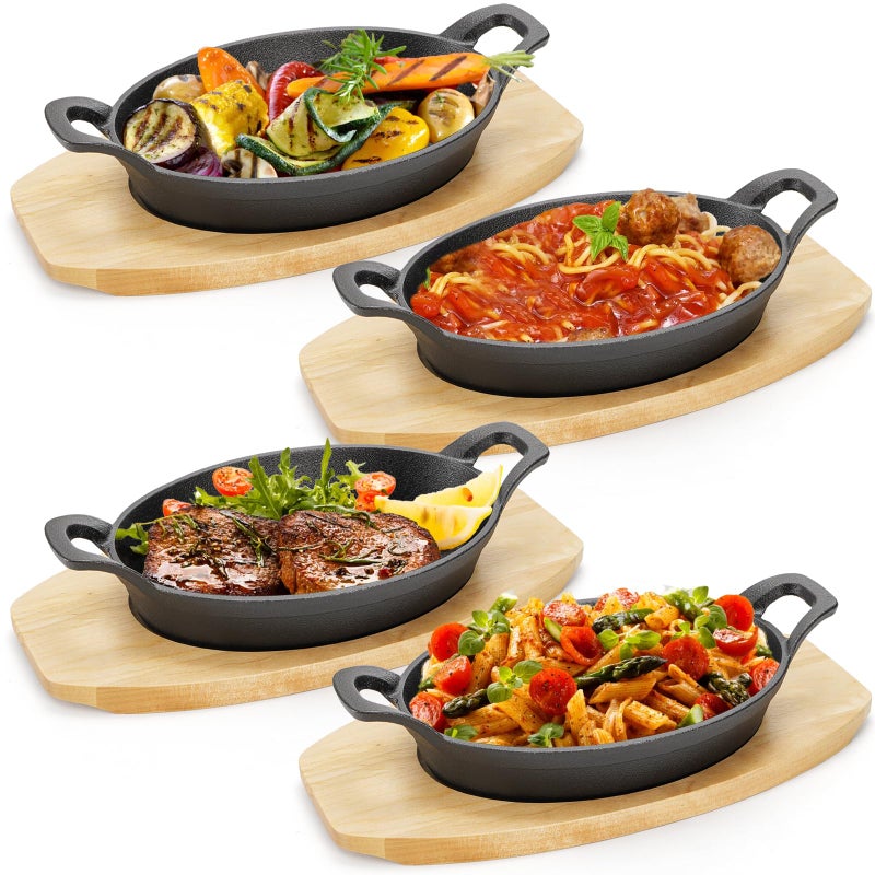 Mezchi 4 Pack Mini Cast Iron Fajita Skillet Set, 8.5 x 6.1 Inch Sizzling Plate with Wooden Base, Small Oval Casserole Dishes, Cast Iron Pizza Baking Steak Pan for Stove, Oven, Grill - Image 1