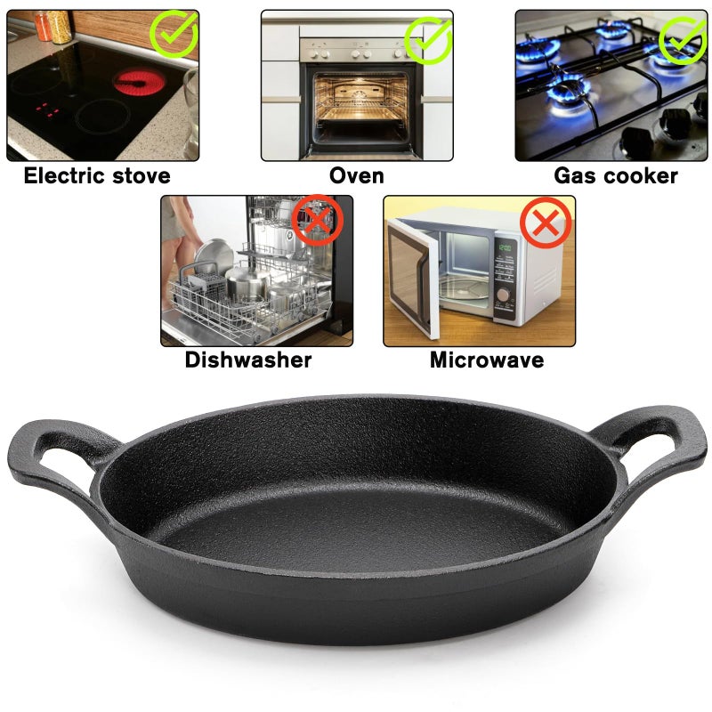 Mezchi 4 Pack Mini Cast Iron Fajita Skillet Set, 8.5 x 6.1 Inch Sizzling Plate with Wooden Base, Small Oval Casserole Dishes, Cast Iron Pizza Baking Steak Pan for Stove, Oven, Grill - Image 3