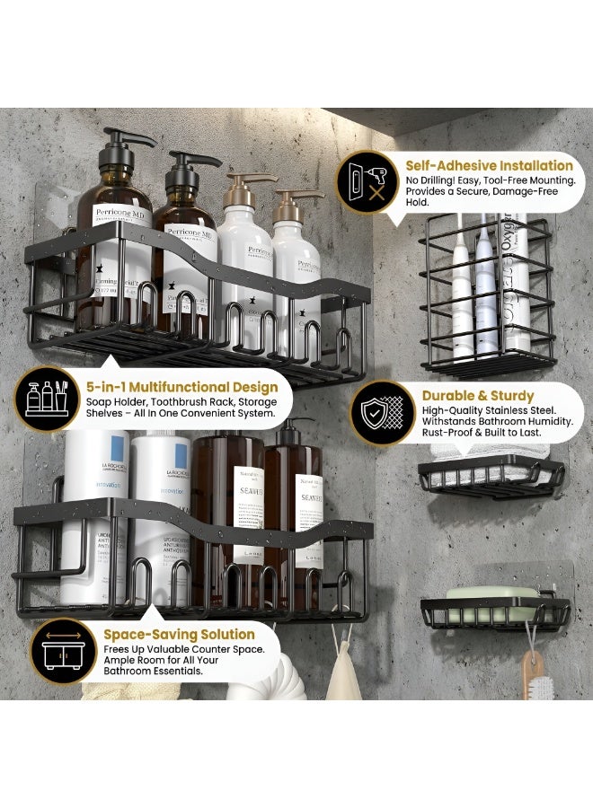 Dunekart 5 in 1 Self Adhesive Organizer Combo, Racks and Shelves for Wall Bathroom Without Drill Soap Holder for Bathroom with Tooth Brush Holder Bathroom Accessories (Black) - Image 5