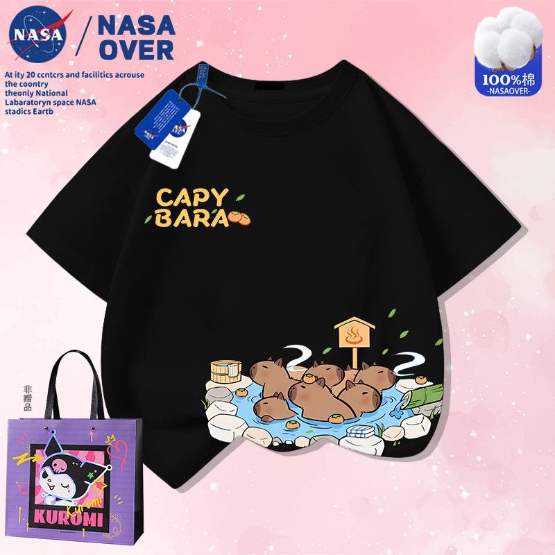 Nasa Co-Brand Capibala Super Cute Summer Cotton Short-Sleeved Men'S And Women'S Middle And Big Children'S New Cartoon T-Shirt Half-Sleeved - Image 1