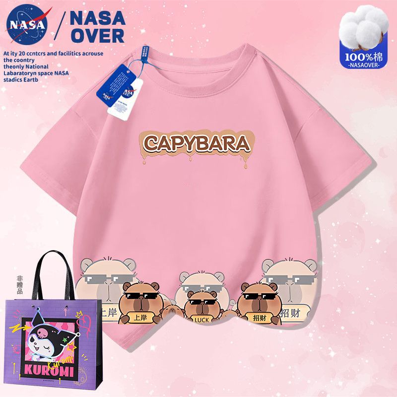 Nasa Co-Brand Capibala Super Cute Summer Cotton Short-Sleeved Men'S And Women'S Middle And Big Children'S New Cartoon T-Shirt Half-Sleeved - Image 2