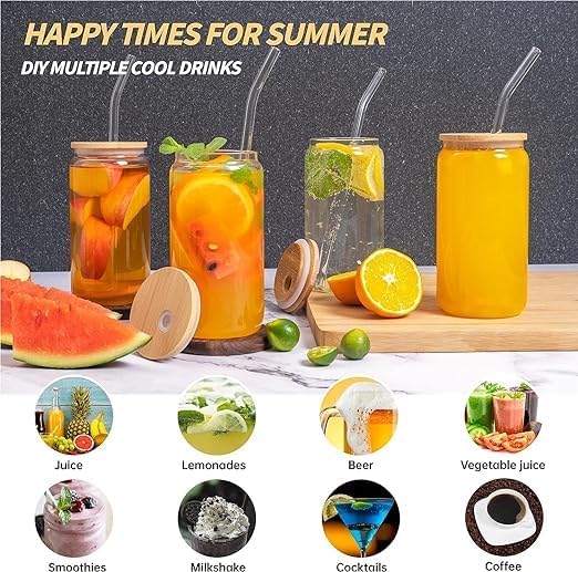 SKDBPM Glass Tumbler with Bamboo Lid and Glass Straw Pack of 1 500ML Glass Reusable Coffee Sipper Mug Clear Drinking Cup for Juice Iced Tea Adults Girls Can with Wooden Lid - Image 5