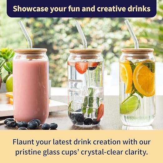 SKDBPM Glass Tumbler with Bamboo Lid and Glass Straw Pack of 1 500ML Glass Reusable Coffee Sipper Mug Clear Drinking Cup for Juice Iced Tea Adults Girls Can with Wooden Lid - Image 4