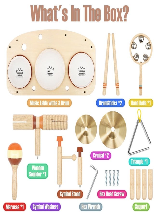 Vanplay Kids Drum Set - Montessori Toys for 2 Year Old Boy Girl Birthday Gifts, 11 in 1 Wooden Musical Instruments for Toddlers 2-3, Musical Activity Table Preschool Learning Toys for Baby 18+ Months - Image 5